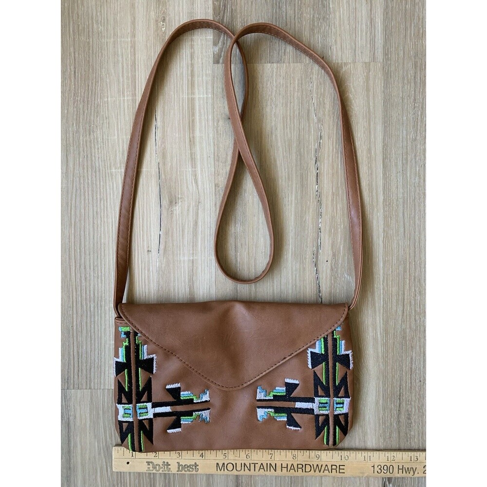 Southwest Designs Leather Bag Crossbody Woven Wool Accent Aztec Geometric EUC